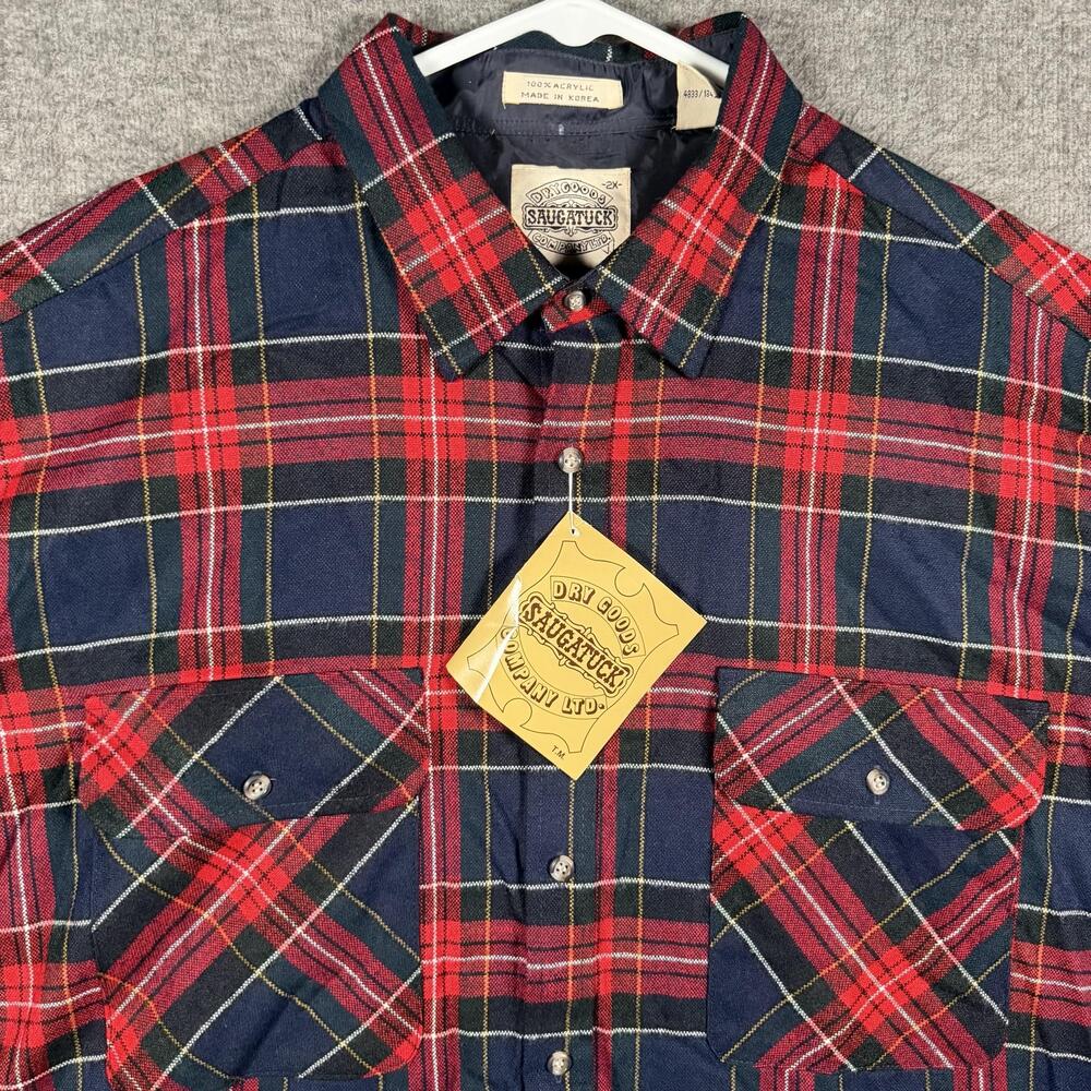 Vintage Saugatuck Shirt Mens 2XL Red Plaid Flannel Button Up Long Sleeve Casual